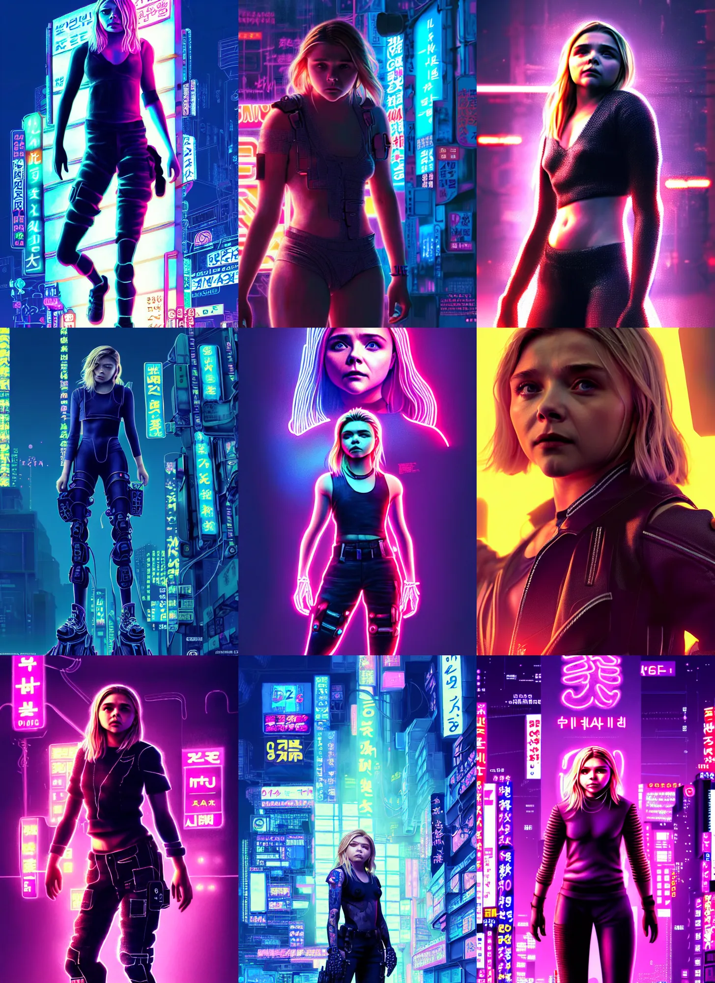 Prompt: chloe grace moretz, hero human structure concept art, full body, intricate detail, art and illustration by kim hyung tae and irakli nadar and alexandre ferra, global illumination, action pose at tokyo cyberpunk neon light night