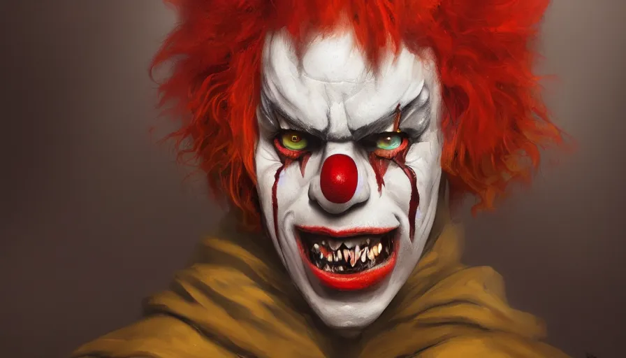 Image similar to portrait of a demonic clown, cinematic shot, aaa game concept art oil painting by jama jurabaev, extremely detailed, brush hard, artstation, high quality, brush stroke