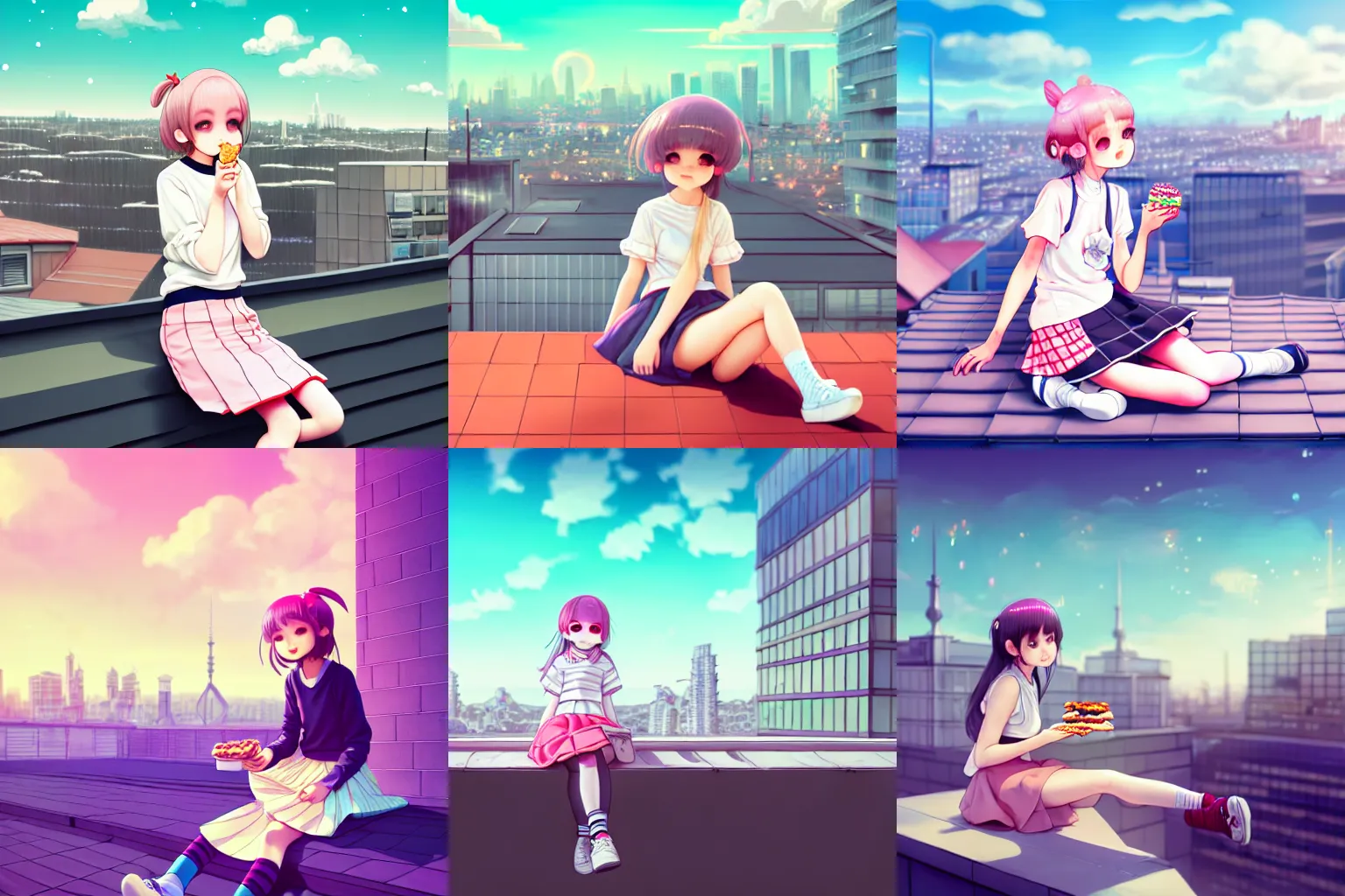 Prompt: girl sitting on a rooftop, cute kawaii girl, wearing skirt and high socks, having a snack, looking up, magic eyes, digital art, concept art, best of 2023 on artstation style, simulation, structure, fine, wide angle, natural light, volumetric, behind is a large scale city
