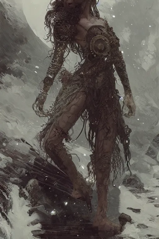 Prompt: a full body portrait of a beautiful post apocalyptic offworld nordic necromancer dancing by the waterfalls, intricate, elegant, highly detailed, digital painting, artstation, concept art, smooth, sharp focus, illustration, art by krenz cushart and artem demura and alphonse mucha