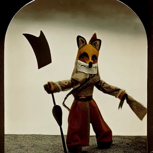 Prompt: anthropomorphic fox multi-jointed puppet who is a medieval knight holding a sword towards a stormy thundercloud, 1930s film still