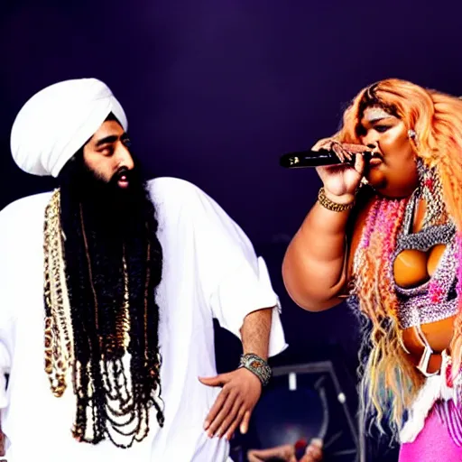 Prompt: osama bin laden and lizzo performing live on stage at coachella