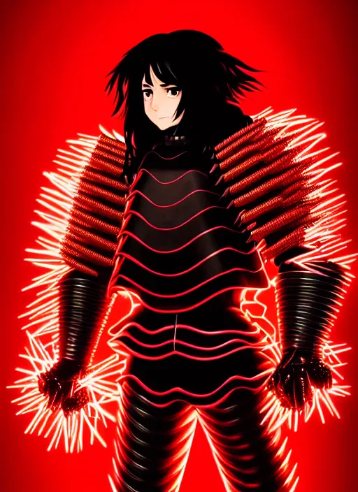 Image similar to a striking cinematic full body manga portrait of a long black haired teenager wearing imposing red jagged spiked plate armour and glowing with red energy by hirohiko araki and beeple, fine details, digital art, character concept art, volumetric lighting, cinematic light, photorealistic