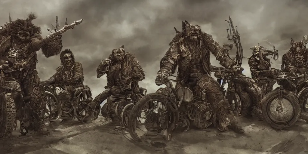 Image similar to psychedelic post apocalyptic orcish biker gang, incredibly detailed, sharp focus, artstation, cgsociety