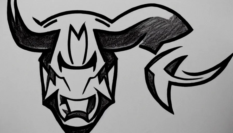 Prompt: pencil sketch!!! of a stylized angry bull head, symbol, sports logo!!!