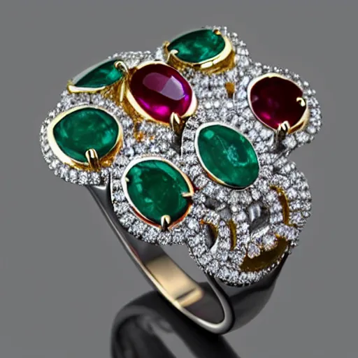 Prompt: stunning ring with 4 5 carat diamond, adorned with ruby, emerald, and sapphire, on wife finger