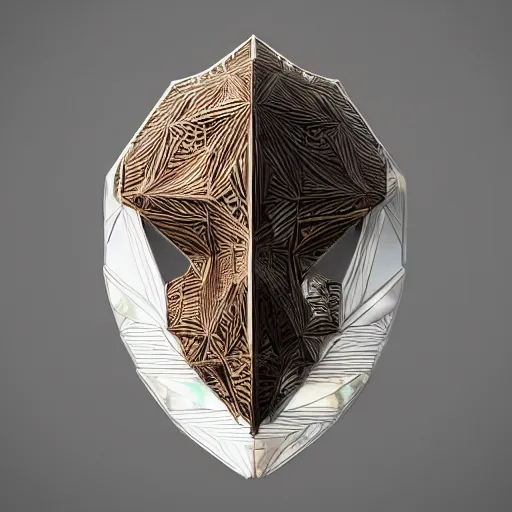 Prompt: a geometric mask with multiple angles and cuts. 3 d printed. intricate. super detailed. dramatic lighting. colors and sheen of mother of pearl. octane render.