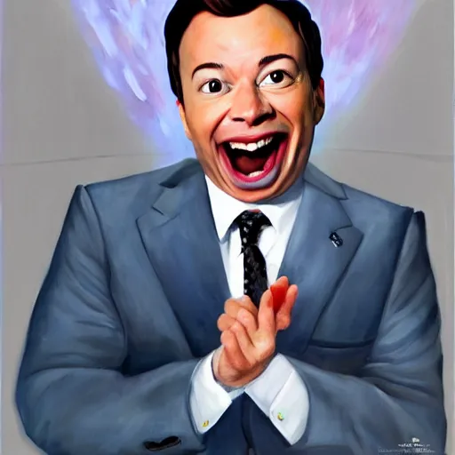 Image similar to hyper realistic painting of jimmy fallon as my sleep paralysis demon