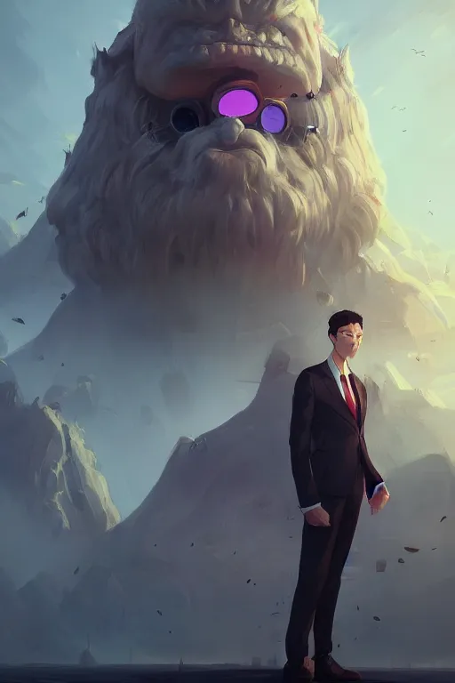 Image similar to clock - faced giant wearing a business suit, dreamy landscape, clock instead of face, dark, beautiful composition, colorful, by ross tran and wlop, masterpiece, artstation