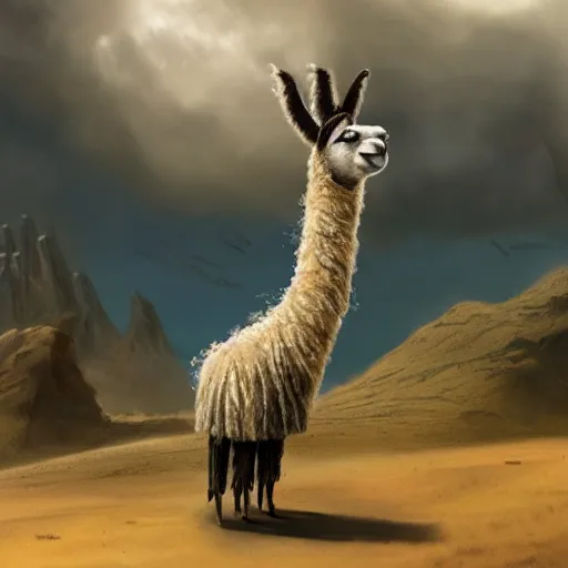 Image similar to A cinematic matte painting of a llama with dreadlocks, heroic pose, ultra realistic, ultra detailed, in the style of chriss foss