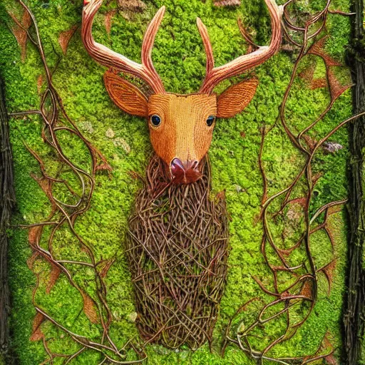 Prompt: small and dense intricate vines, moss, roots, colorful flowers, and tree branches take the detailed form of an elk standing in a lush forest, wicker art, vine art