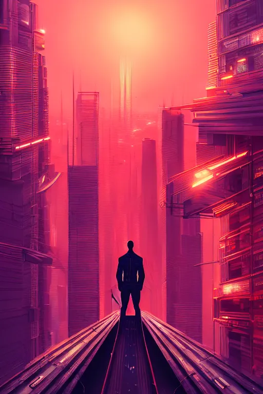 Image similar to a man standing on top of a bridge over a city, cyberpunk art by Vincent Lefevre, behance contest winner, altermodern, cityscape, synthwave, matte painting