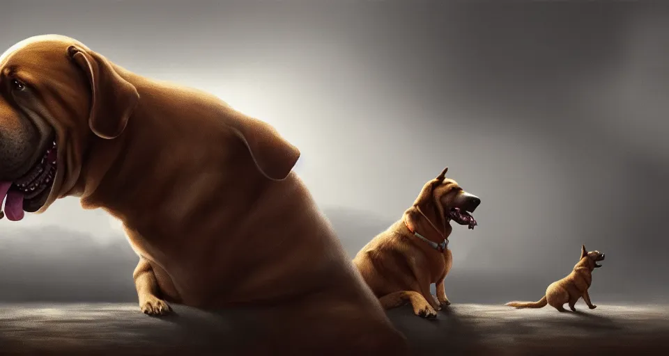 Image similar to a digital painting of a standoff between a very large dog facing a tiny dog, wide open drolling mouth, hyperealism, award winning, stunning, trending on art station, highly detailed, cinematic lighting, 8 k, hd