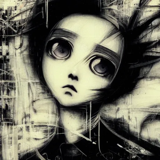 Prompt: Yoshitaka Amano realistic illustration of an anime girl with short white hair and black eyes wearing tuxedo, abstract black and white patterns on the background, noisy film grain effect, highly detailed, Renaissance oil painting, old tv glitch effect