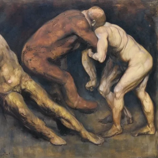 Image similar to 3 drunks fall over mud - wrestling,, oil painted ( ( ( ( ( ( by rodin ) ) ) ) ) )