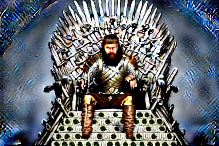 Image similar to man sitting, on a throne made of money, coins and dollars, in the style of game of thrones