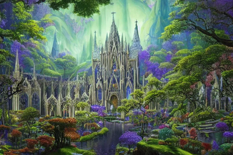 Image similar to a beautiful and highly detailed fantasy landscape painting of a cathedral in a beautiful garden in a mystical forest, psychedelic, intricate details, epic scale, insanely complex, 8 k, sharp focus, hyperrealism, artstation, cgsociety, by eyvind earle,