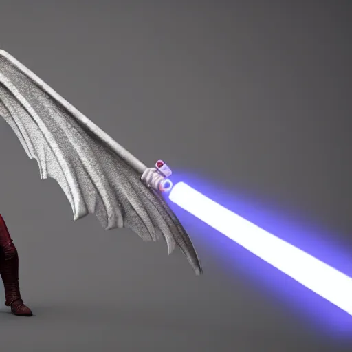 Image similar to a winged humanoid dragon holding a lightsaber, octane render, photorealistic, 3D