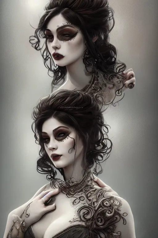 Prompt: ultra realist and ultra intricate detailed character concept art of a beautiful flirt muerte girl in a curvy long dress facing camera, symmetry features, sensual gloomy style, soft painting, volumetric light and fog, fantasy background, artstation, Tom Bagshaw artstyle, unreal render