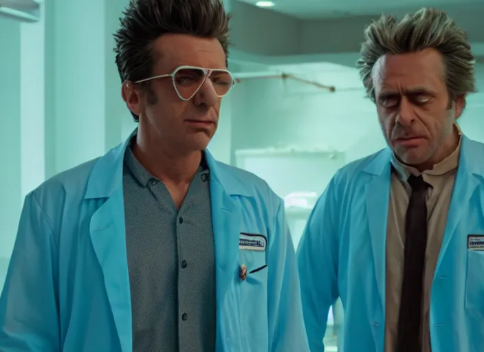 Prompt: film still of rick sanchez blue spike hear lab coat cyan shirt in the new scifi movie 4 k