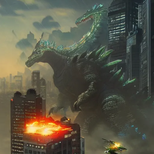 Image similar to godzilla fighting yoshi, cyberpunk city with helicopters following, highly detailed, digital painting, artstation, concept art, matte, sharp focus, illustration, art by artgerm and greg rutkowski and alphonse mucha