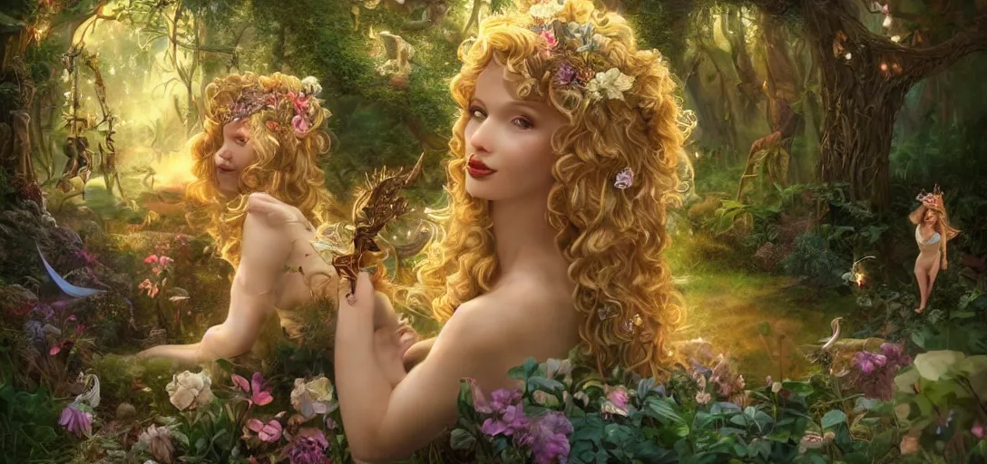 Image similar to beautiful fairy, perfect face and body, with curls, at her birthday party in a magic garden, monkeys, diamonds and scissors, details, smooth, sharp focus, illustration, realistic, cinematic, artstation, gold, ornate, award winning, original modern artwork, rgb ethereal lighting, 8k