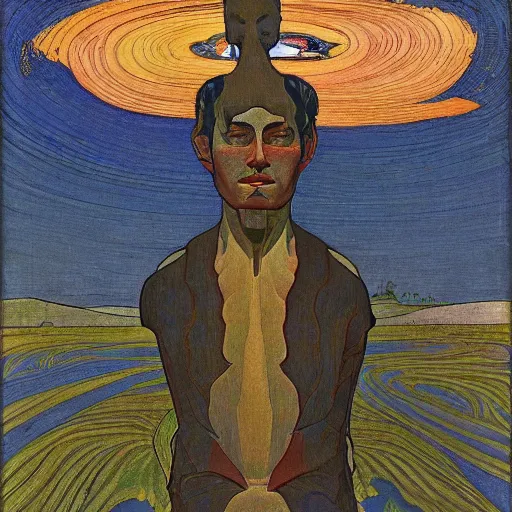 Image similar to by tom thomson, by louis rhead straight surrealism. a art installation of a man with a large head, sitting in a meditative pose. his eyes are closed & he has a serene look on his face. his body is made up of colorful geometric shapes & patterns that twist & turn in different directions.