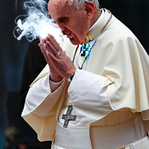 Image similar to the pope smoking a blunt and exorcising some demons