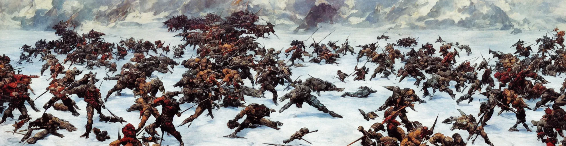 Image similar to panoramic battle of the knights on the frozen lake by Frazetta