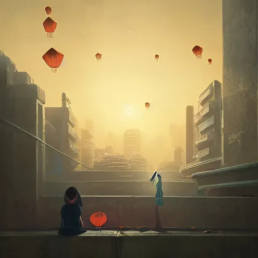 Prompt: a little girl watching hundreds of chinese sky lanterns in the night sky over a sci-fi city, by Greg Rutkowski