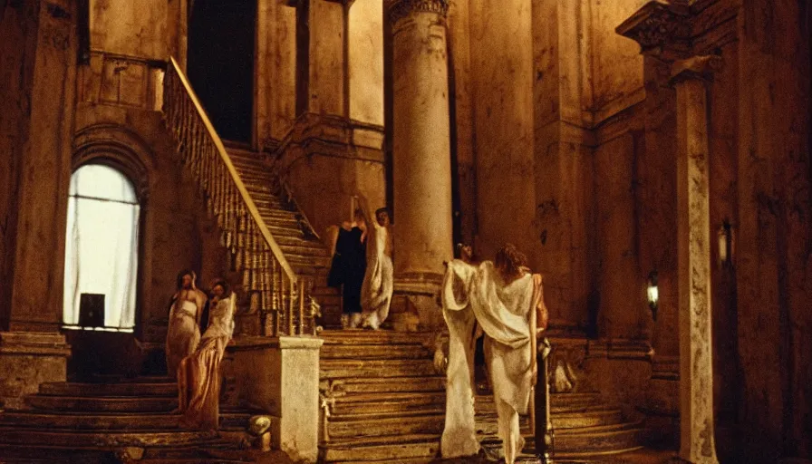 Image similar to movie still by tarkovsky of caligula poniard to death by senators on ancient stairs, cinestill 8 0 0 t 3 5 mm, high quality, heavy grain, high detail, dramatic light, ultra wide lens, anamorphic