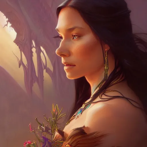 Image similar to Pocahontas, D&D, fantasy, intricate, elegant, highly detailed, digital painting, artstation, concept art, matte, sharp focus, illustration, art by Artgerm and Greg Rutkowski and Alphonse Mucha