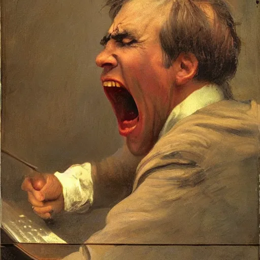 Image similar to an angry man screams at his computer monitor, oil on canvas, 1 8 8 3, highly detailed