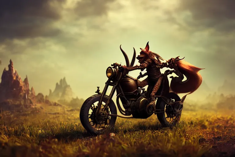 Image similar to a goblin riding a steampunk motorcycle on a dirt road in a meadow, volumetric light, studio lighting, hyperdetailed, artstation, cgsociety, 8k