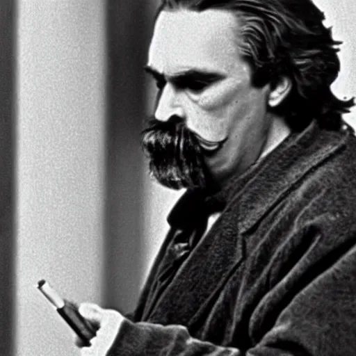 Prompt: friedrich nietzsche appearing in the movie the big lebowski as the dude, wearing a bathrobe, holding cigarette pipe