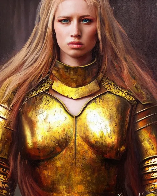 Image similar to beautiful female warrior, half body portrait, long flowing hair, heavy gold armour, realistic oil painting by boris valejo