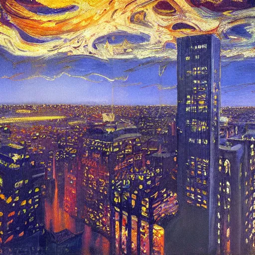 Image similar to impressionistic full - color painting of a distorted mirror reflecting a nightmarish balcony view of boston downtown skyline in 1 9 2 5 at night with a horrifying sky, aerial view, dark, brooding, night, atmospheric, horror, cosmic, ultra - realistic, smooth, highly detailed by dave dorman