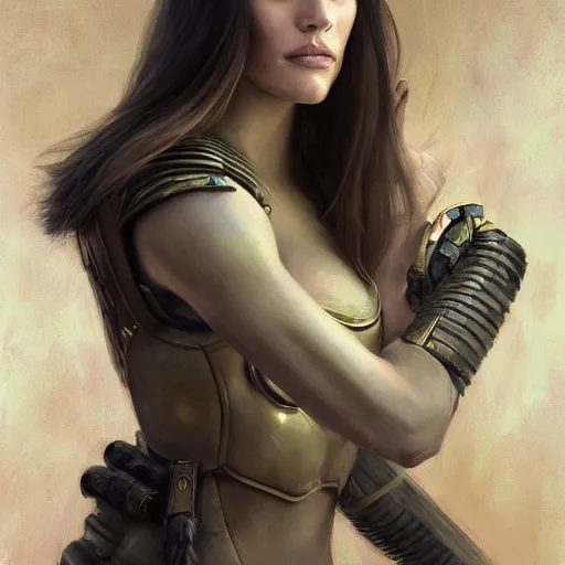 Image similar to a professional painting of a young Liv Tyler, clothes in military armor, olive skin, long dark hair, beautiful bone structure, symmetrical facial features, intricate, elegant, digital painting, concept art, smooth, sharp focus, illustration, from StarCraft by Ruan Jia and Mandy Jurgens and Artgerm and William-Adolphe Bouguerea”