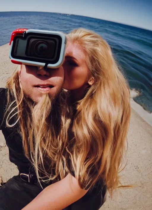 Image similar to gopro footage of a beautiful woman with long blonde hair kissing you