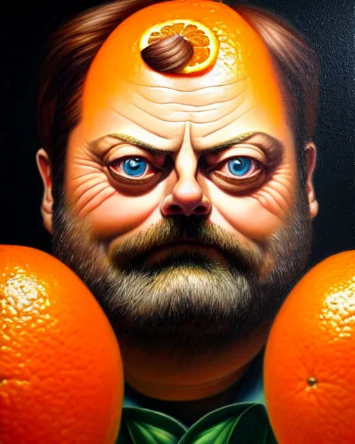 Prompt: detailed portrait of nick offerman as an oranges! ( citrus fruit ) by tomasz alen kopera and peter mohrbacher and johanna martine! and margaret keane! coherent luminescent