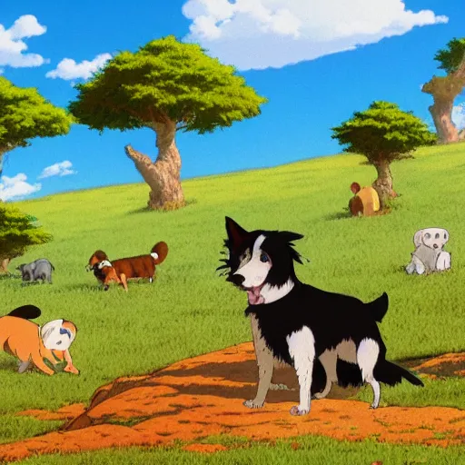 Prompt: dogs in landscape, art style hayao miyazaki, very high detail, 4 k