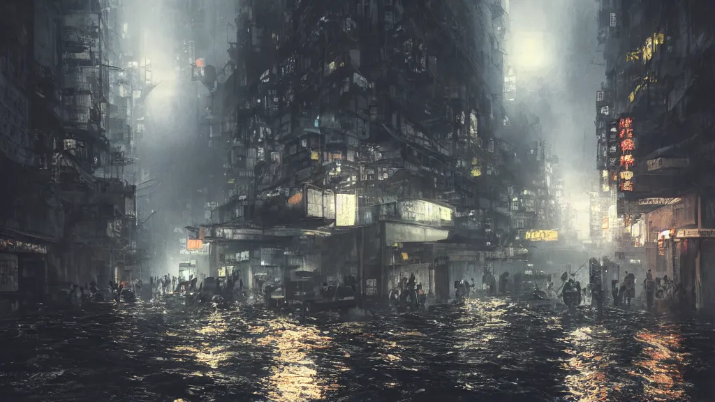 Image similar to dramatic Photorealistic, Matte Painting of a freight ship with bright head lights traveling down a busy post apocalyptic deep flooded Hong Kong city street at night,dark Tall buildings by Greg Rutkowski,Craig Mullins,Hyperrealism,Beautiful dramatic moody lighting,Cinematic Atmosphere,Octane Rendering,8K