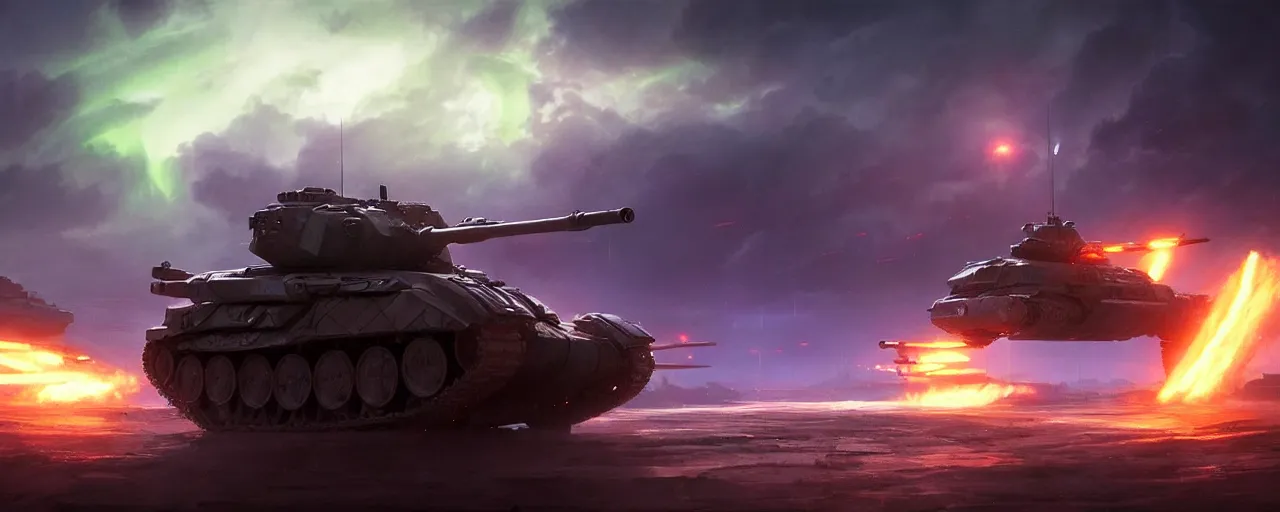 Prompt: tank the battlefield, epic scene, volumetric lighting futuristic, intricate, highly detailed, digital painting, artstation, concept art, cinematic, smooth, sharp focus, illustration, aurora borealis, unreal engine 5, 8 k, art by artgerm and greg rutkowski and alphonse mucha