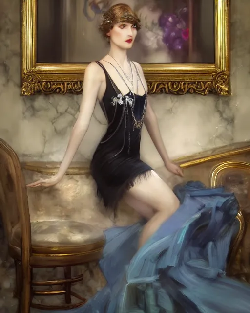 Image similar to daniel gerhartz and artgerm portrait digital painting of a 1 9 2 0 s beautiful woman at a party in a mansion, mansion interior in the background, unreal engine, hyper realism, realistic shading, cinematic composition, realistic render, octane render, detailed textures, photorealistic, ultrawide shot, 3 5 mm film