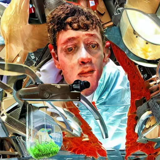 Image similar to mark zuckerberg awakening from his alien cryogenic chamber with slimy feeding tubes attached. science fiction movie.