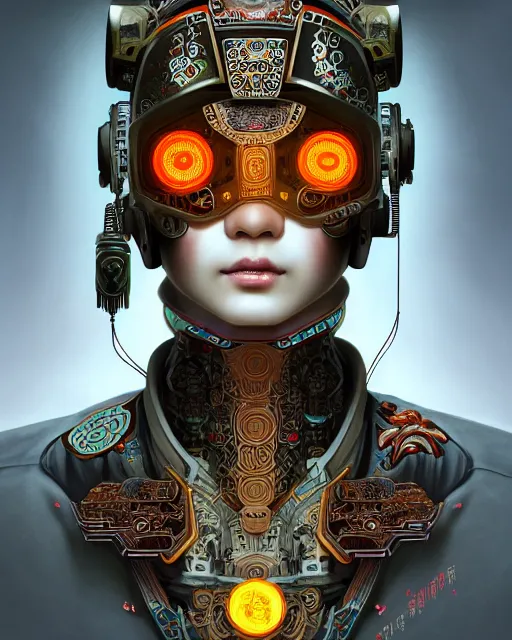 Image similar to portrait of a cyberpunk machine, machine face, upper half portrait, decorated with chinese opera motifs, asian, fine china, traditional chinese art, intricate, elegant, highly detailed, symmetry, headpiece, digital painting, artstation, concept art, smooth, sharp focus, illustration, art by artgerm and greg rutkowski and alphonse mucha, 8 k