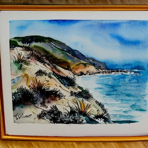 Image similar to a beautiful watercolor and pen painting of the california coastline