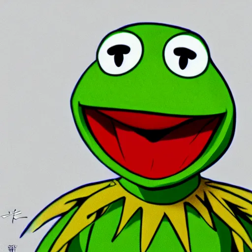 Image similar to Kermit the frog as an anime character, in the style of TV anime afro samurai, Key Frame, Top rated of pixiv, High Detail, Medium Shot, Dusk