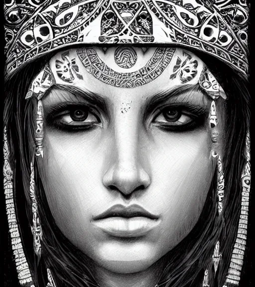 Image similar to beautiful intricate exquisite mayan princess realistic face, beautiful eyes, black and white drawing, in the style of greg rutkowski, fantasy, amazing detail, epic, intricate, elegant, smooth, sharp focus