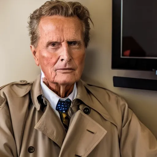 Image similar to robert stack wearing a trench coat unsolved mysteries waiting to start his work shift, ( sony a 7 r iv, symmetric balance, polarizing filter, photolab, lightroom, 4 k, dolby vision, photography awardm, voque, perfect face )